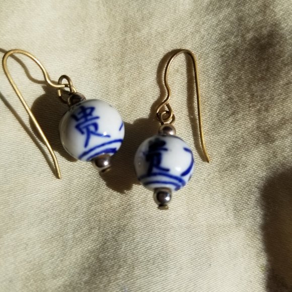 Hand-Painted Glass Bead Dangle Earrings - Picture 2 of 3